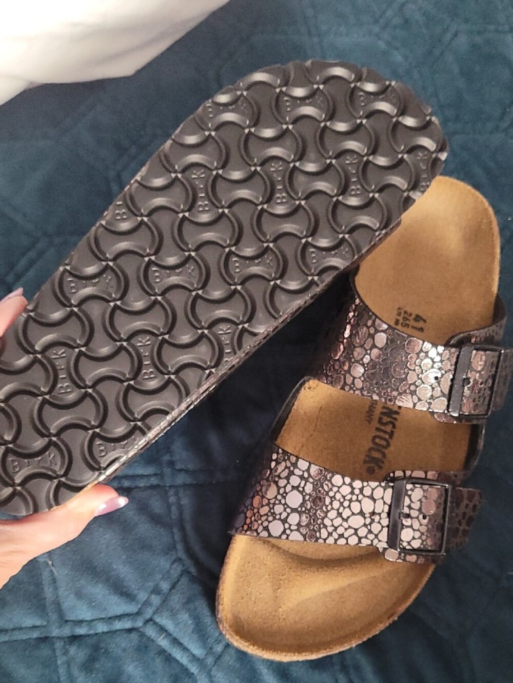 Birkenstock Arizona Metallic Silver Patterned Two-Strap Sandals - Picture 2 of 2